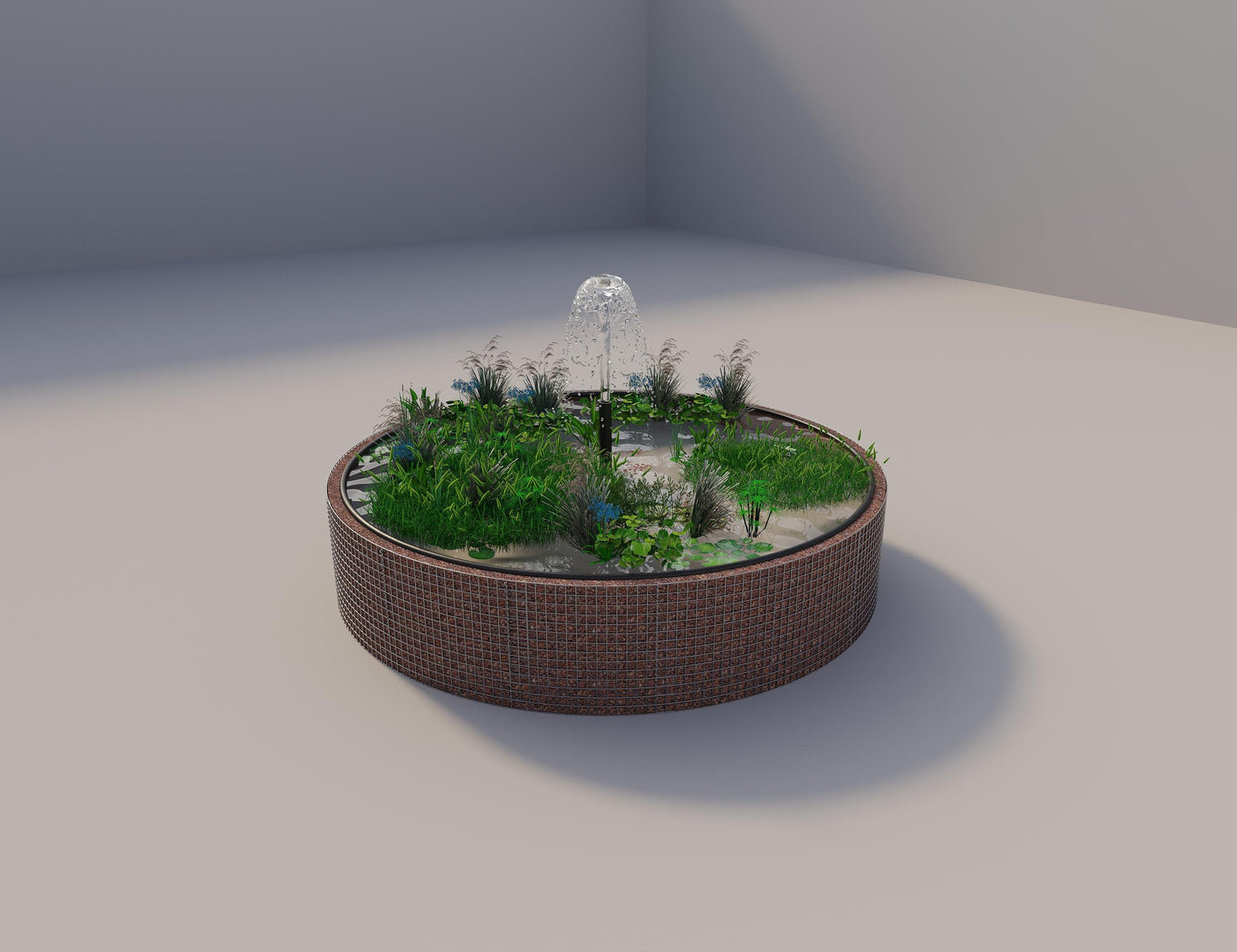 Estanque elevado de gaviones redondo, diámetro exterior 382 cm, altura 80 cm, luz de malla 5 x 5 cm, espesor de pared 15 cm