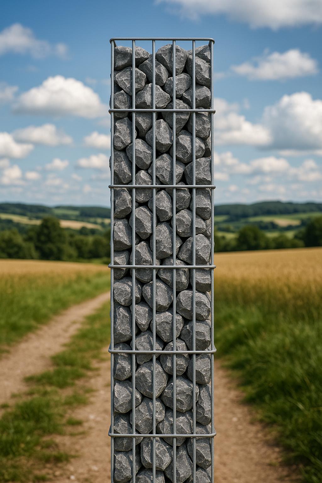 Rechthoekige thermisch verzinkte schanskorfzuil, 27,3 cm x 27,3 cm, 200 cm hoog, MW 5 cm x 20 cm, draad 8/6 mm