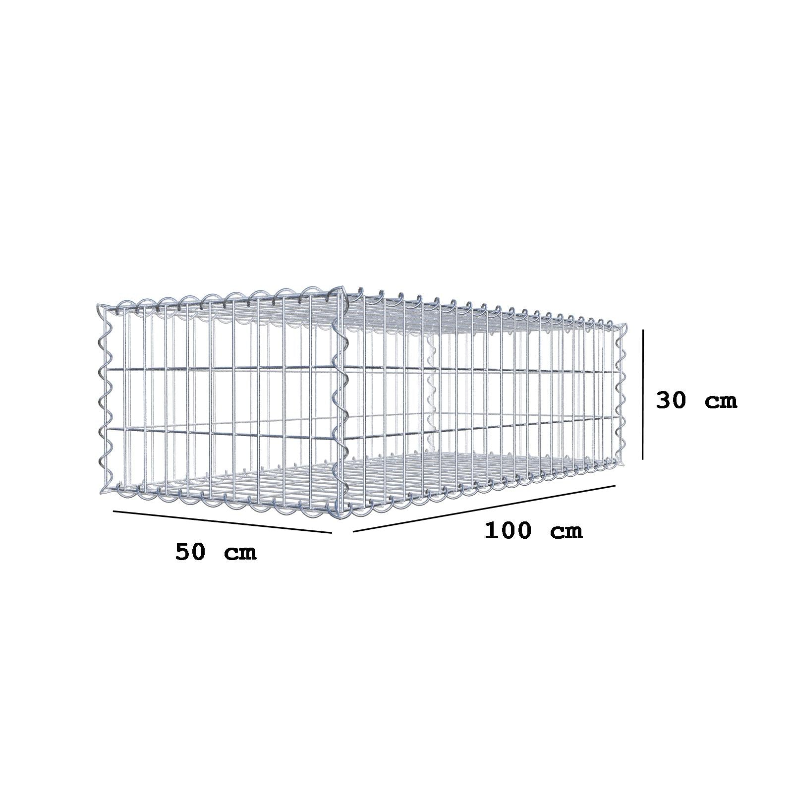 Gabião 100 cm x 30 cm x 50 cm (C x A x P), malhagem 5 cm x 10 cm, espiral