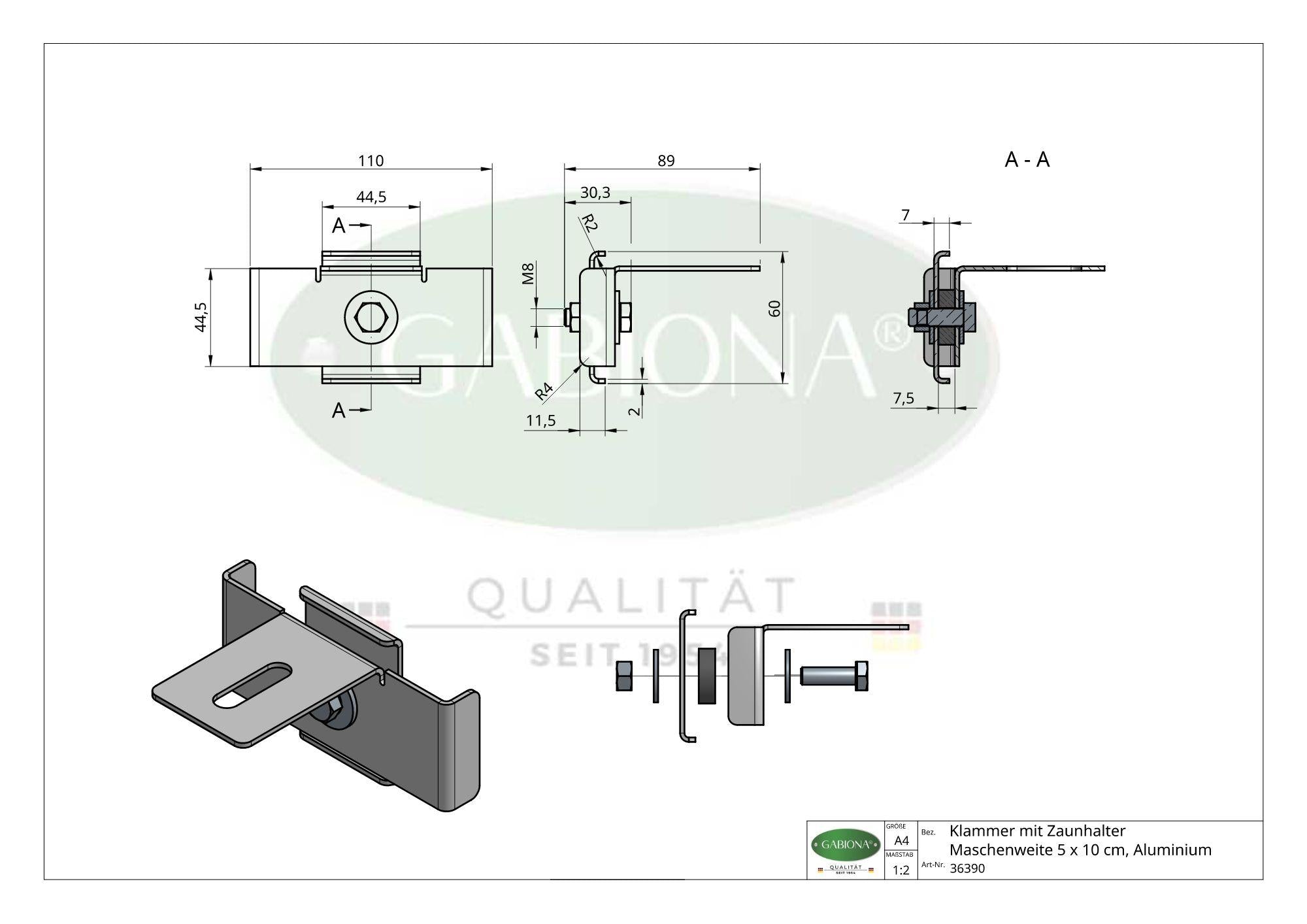 Clamp with fence holder mesh size 5 x 10 cm, aluminum