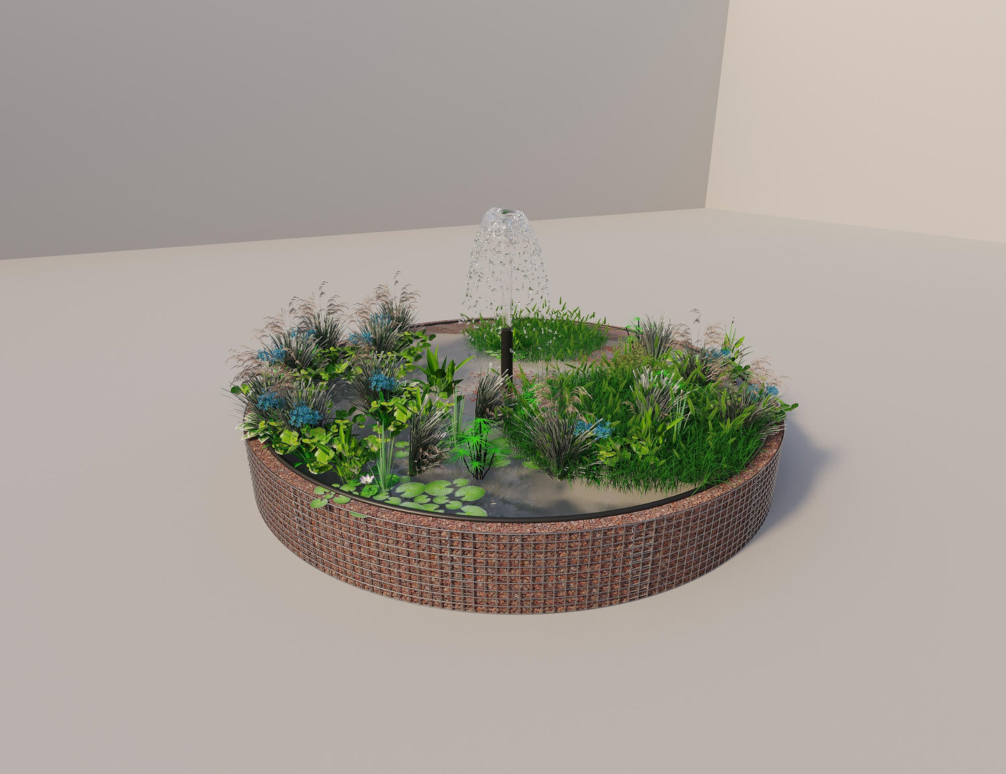 Gabião para lago elevado redondo, diâmetro exterior 382 cm, altura 50 cm, dimensão da malha 5 x 5 cm, espessura da parede 15 cm