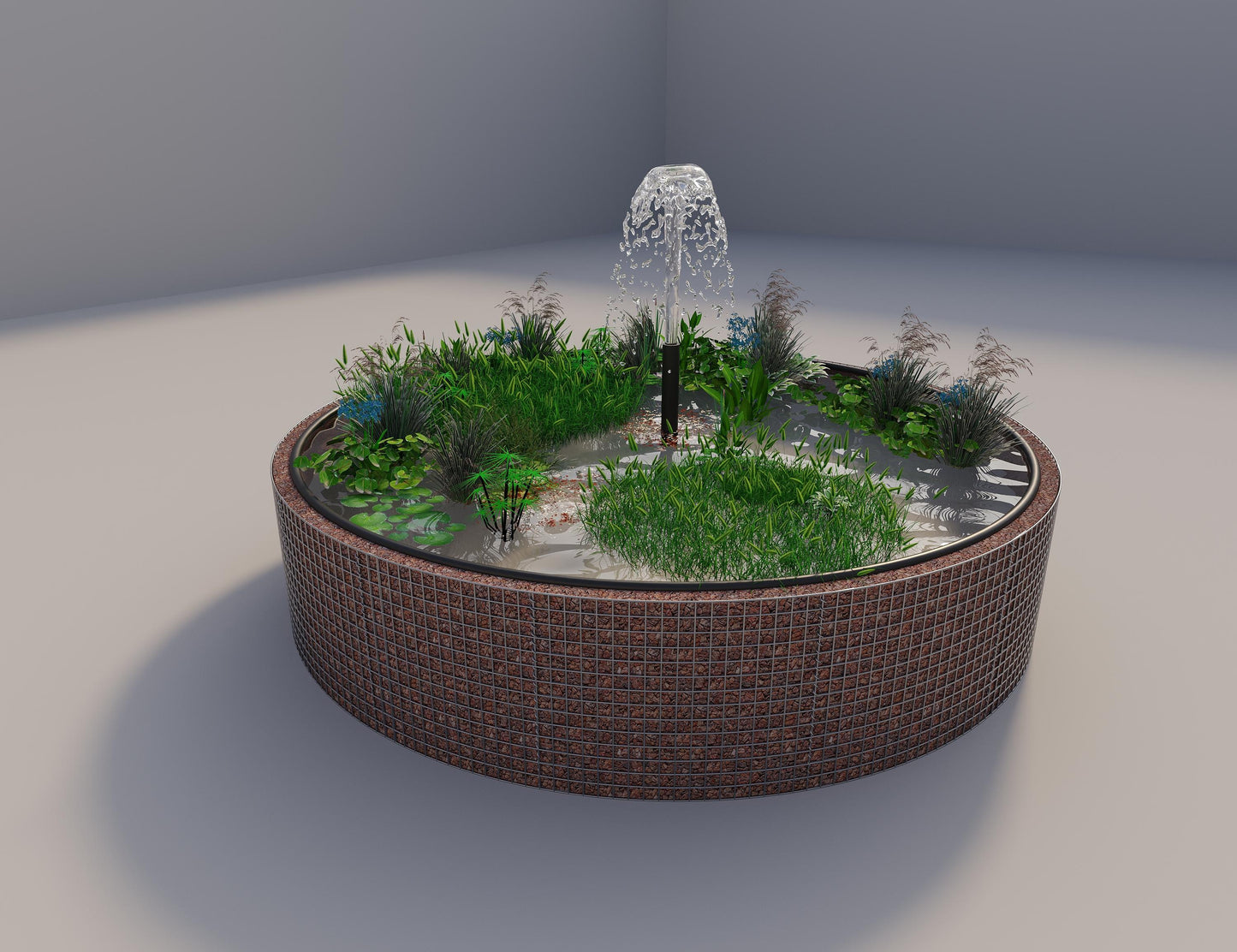 Estanque elevado de gaviones redondo, diámetro exterior 382 cm, altura 80 cm, luz de malla 5 x 5 cm, espesor de pared 15 cm