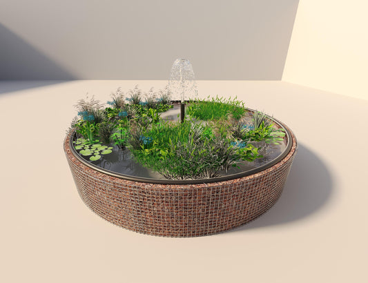 Laghetto rialzato in gabbioni, rotondo, diametro esterno 442 cm, altezza 80 cm, maglia 5 x 5 cm, spessore parete 15 cm