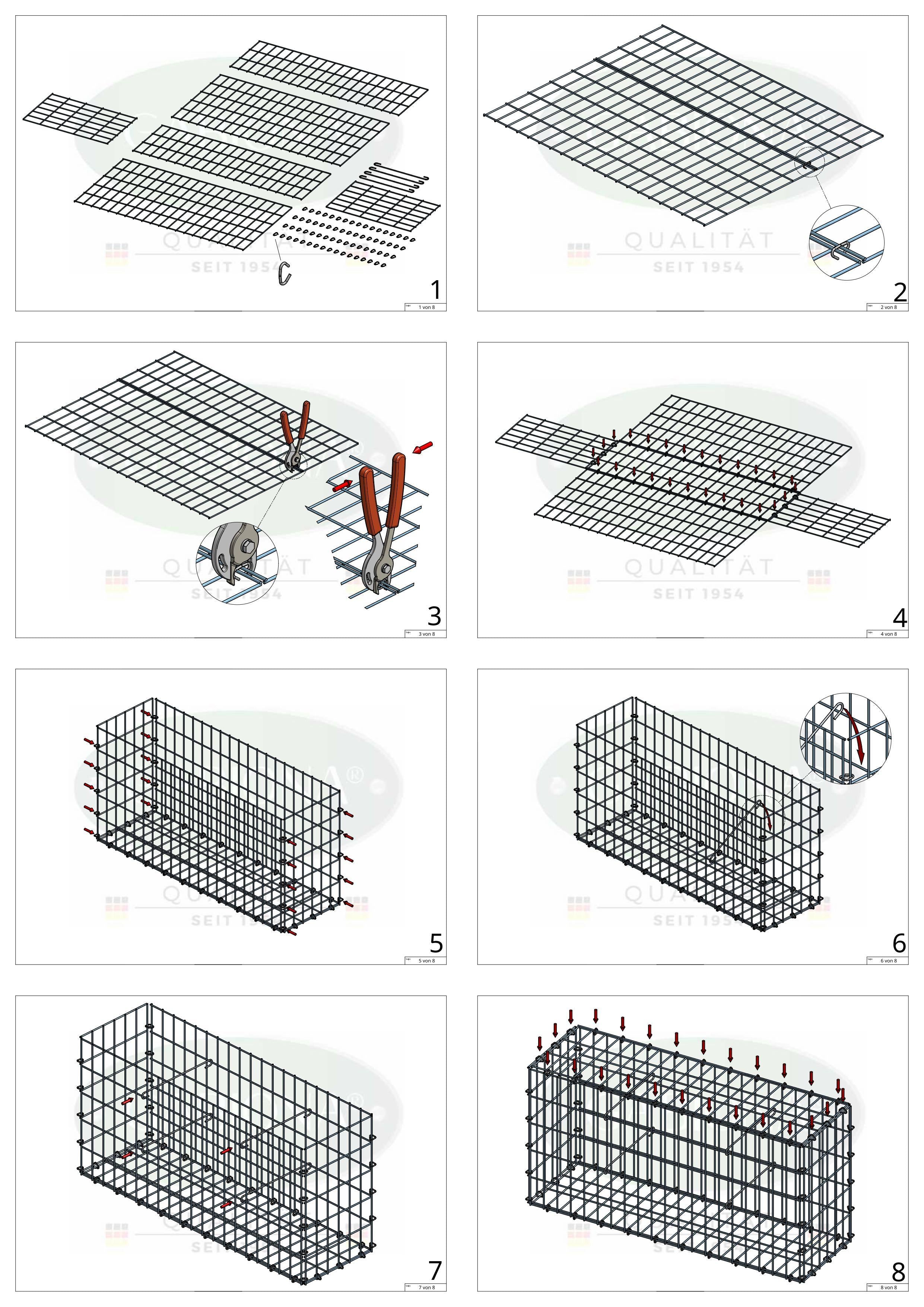 Gabion 100 cm x 100 cm x 50 cm (L x H x D), maskestørrelse 5 cm x 10 cm, C-ring