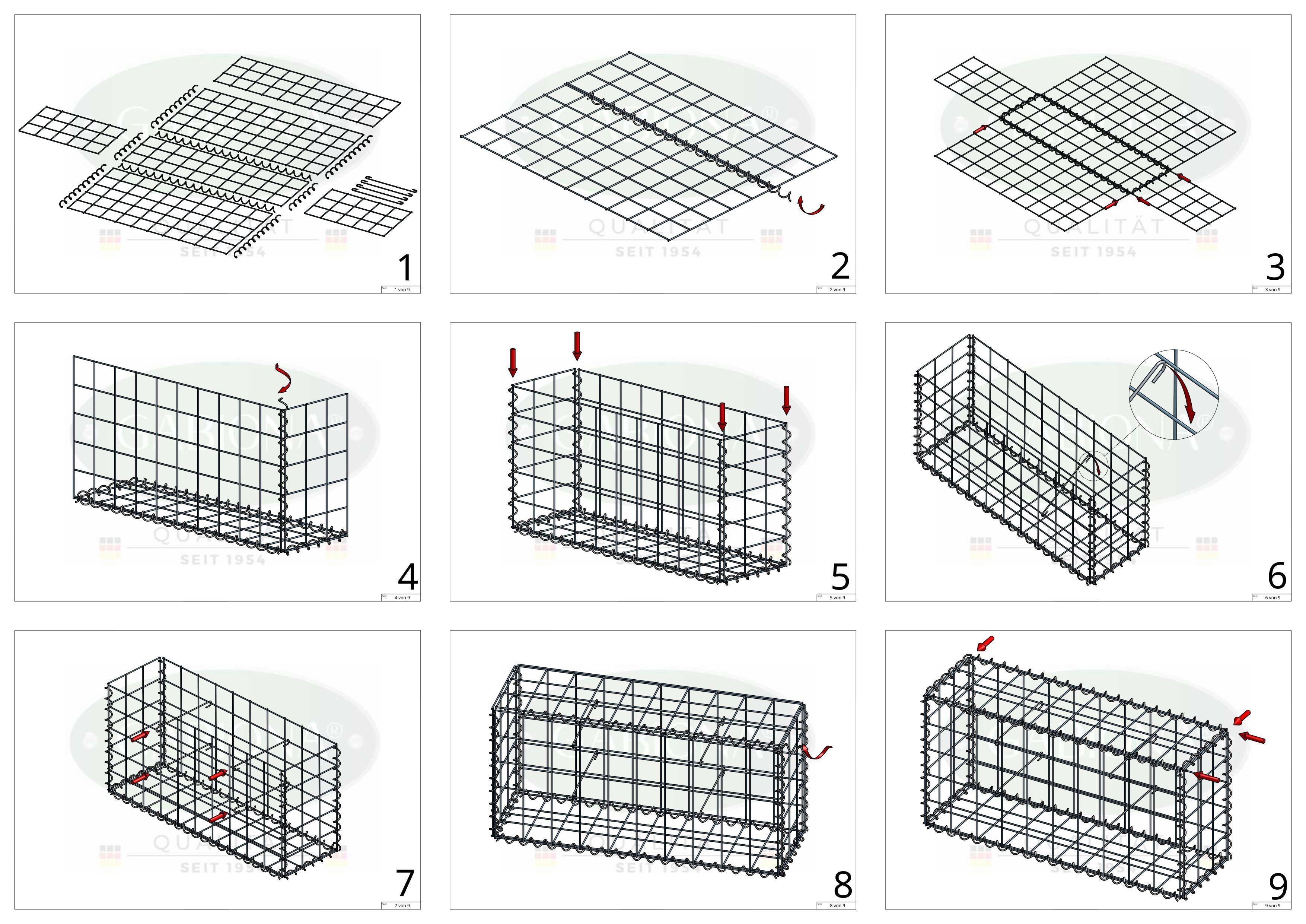 Sats med 2 gabioner 100 cm x 100 cm x 50 cm (L x H x D), maskstorlek 10 x 10 cm, spiral