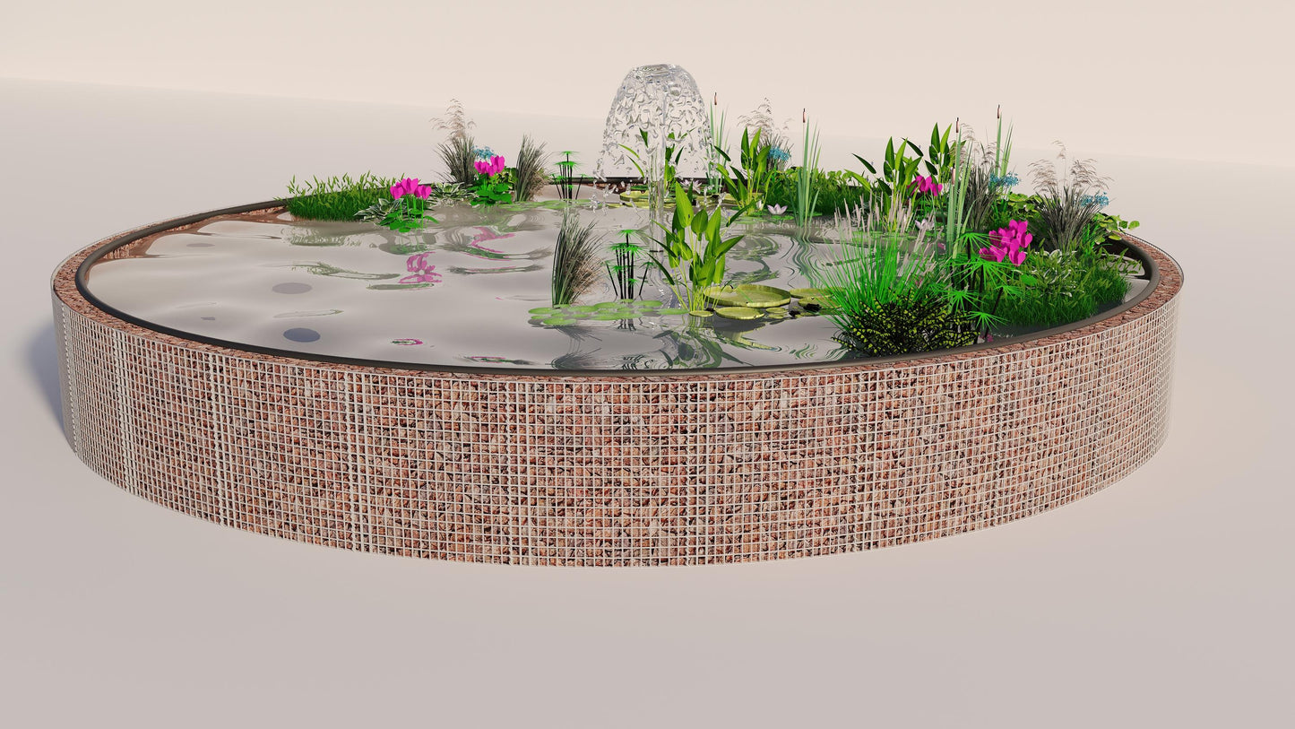 Estanque elevado de gaviones, redondo, diámetro exterior 322 cm, altura 80 cm, malla 5 x 5 cm, espesor de pared 15 cm