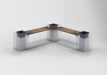 Gabionbænk med 3 blomstersøjler - Cumaru-træ, 205 cm lang x 60 cm høj x 37 cm dyb, varmgalvaniseret, MW 5 x 5 cm