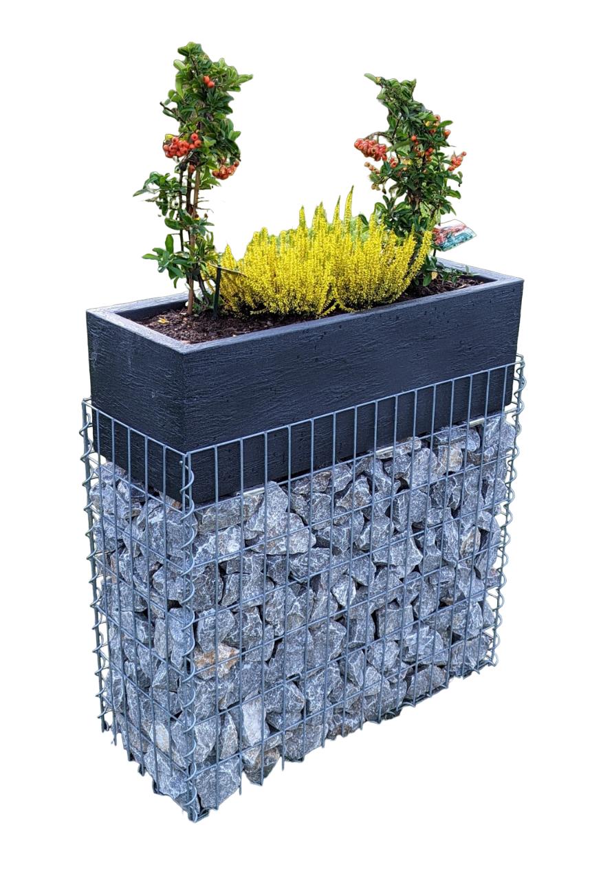 Schanskorf met bloemschaal 80 cm x 46 cm x 30 cm (L x H x D), maaswijdte 10 x 10 cm, spiraal