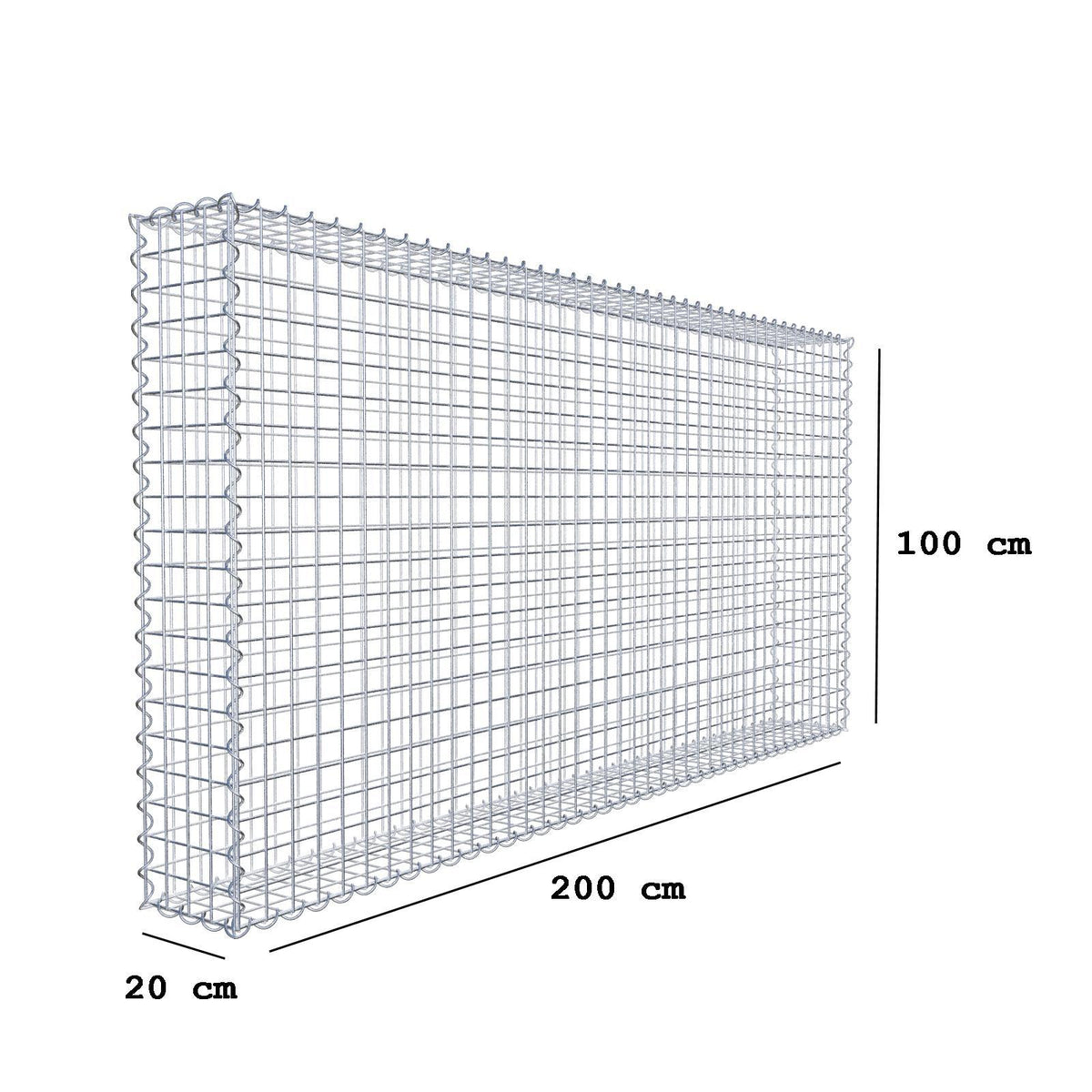 Gavión 200 cm x 100 cm x 20 cm (largo x alto x fondo), malla 5 cm x 5 cm, en espiral