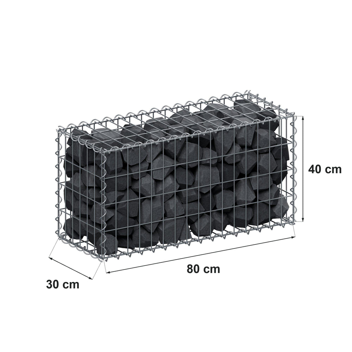 Gabião 80 cm x 40 cm x 30 cm (C x A x P), malhagem 5 cm x 10 cm, espiral