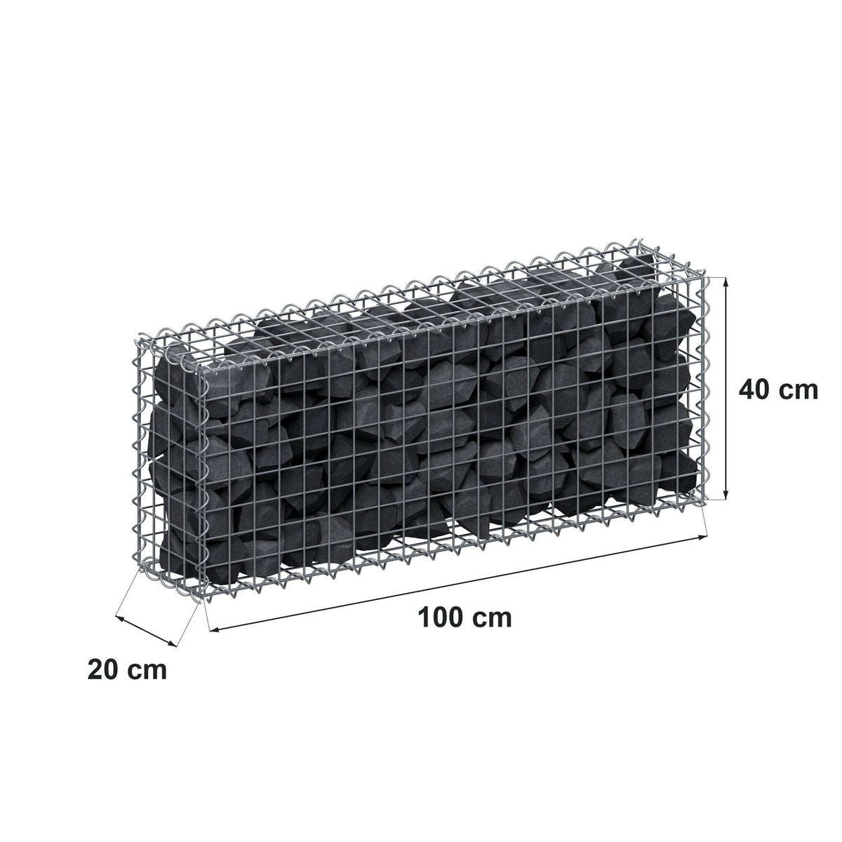 Gabião 100 cm x 40 cm x 20 cm (C x A x P), malhagem 5 cm x 5 cm, espiral