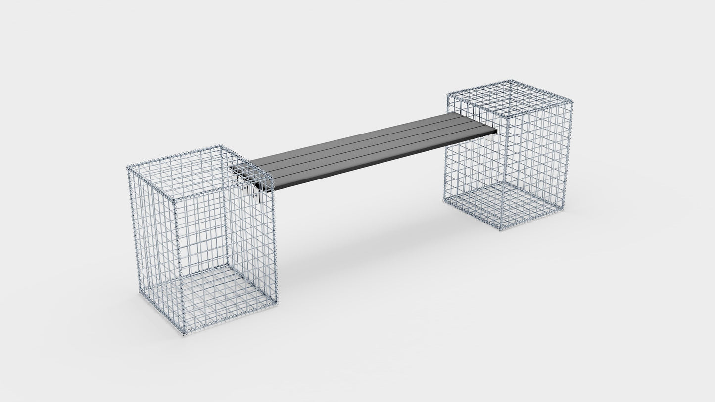 Gabionbænk med 2 spiralformede gabioner, 205 cm lang x 60 cm høj x 40 cm dyb, galvaniseret, MW 5 x 5 cm, med genbrugsplade i antracit
