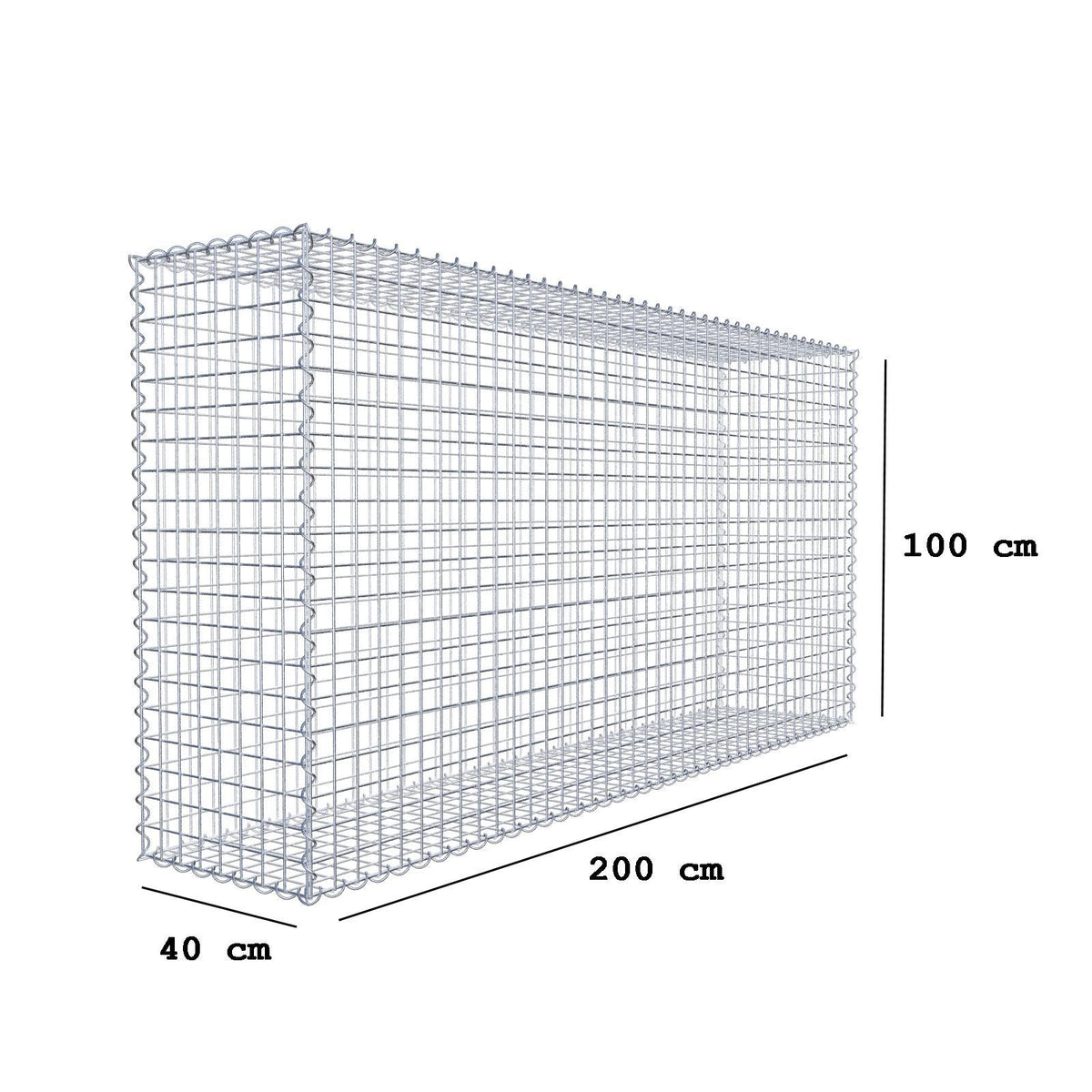 Gabião 200 cm x 100 cm x 40 cm (C x A x P), malhagem 5 cm x 5 cm, espiral