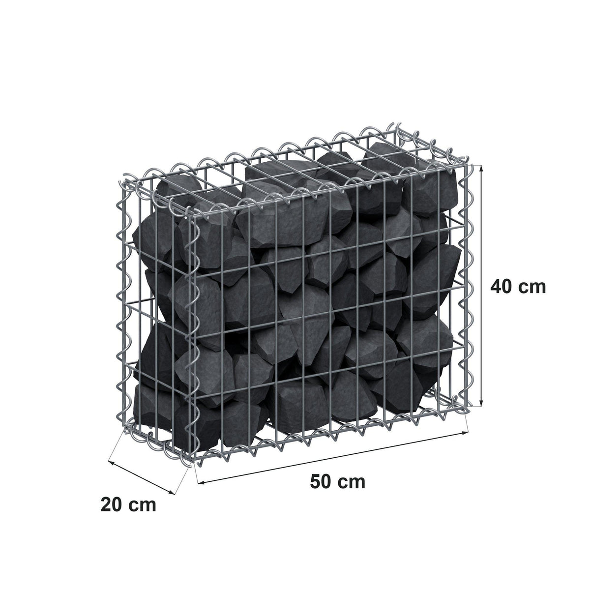Gabião 50 cm x 40 cm x 20 cm (C x A x P), malhagem 5 cm x 10 cm, espiral