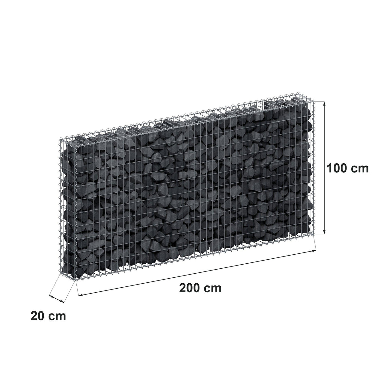 Gabião 200 cm x 100 cm x 20 cm (C x A x P), malhagem 5 cm x 10 cm, espiral