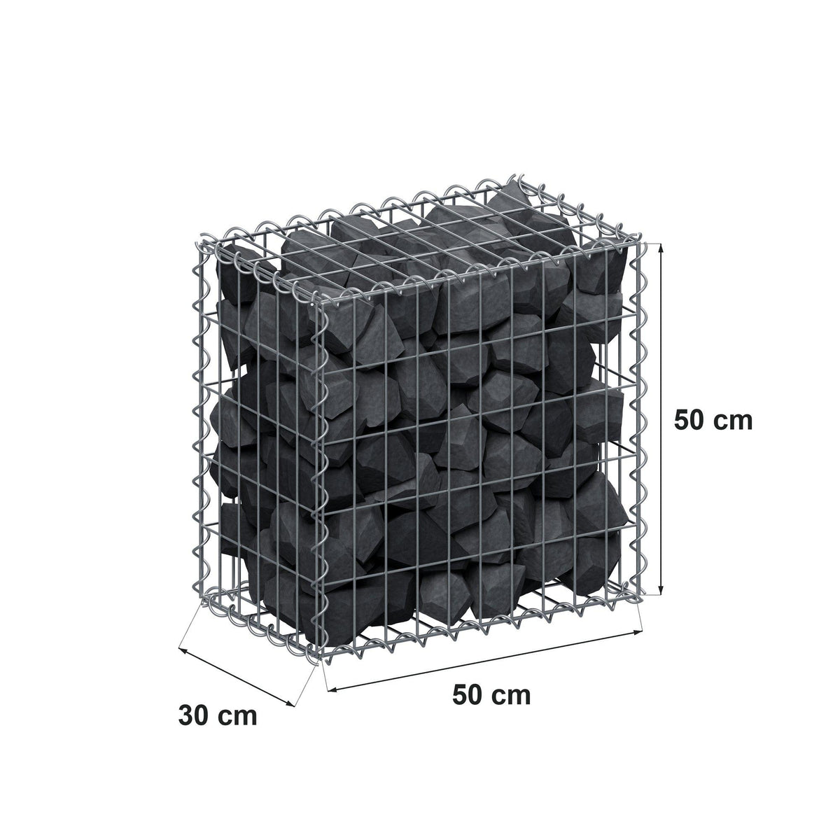 Gabião 50 cm x 50 cm x 30 cm (C x A x P), malhagem 5 cm x 10 cm, espiral