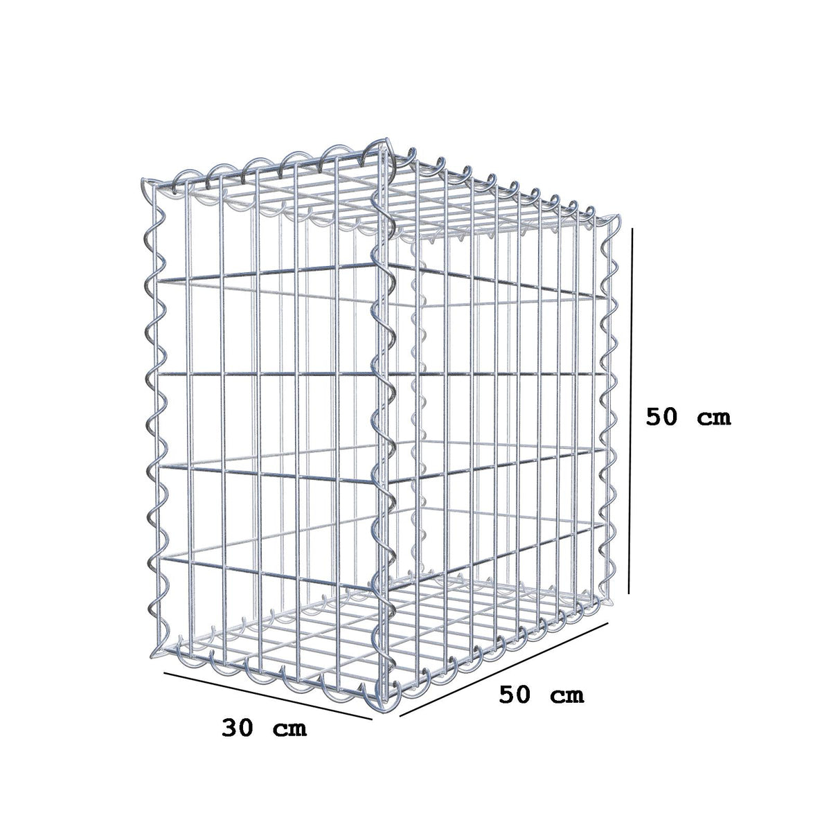 Gabião 50 cm x 50 cm x 30 cm (C x A x P), malhagem 5 cm x 10 cm, espiral