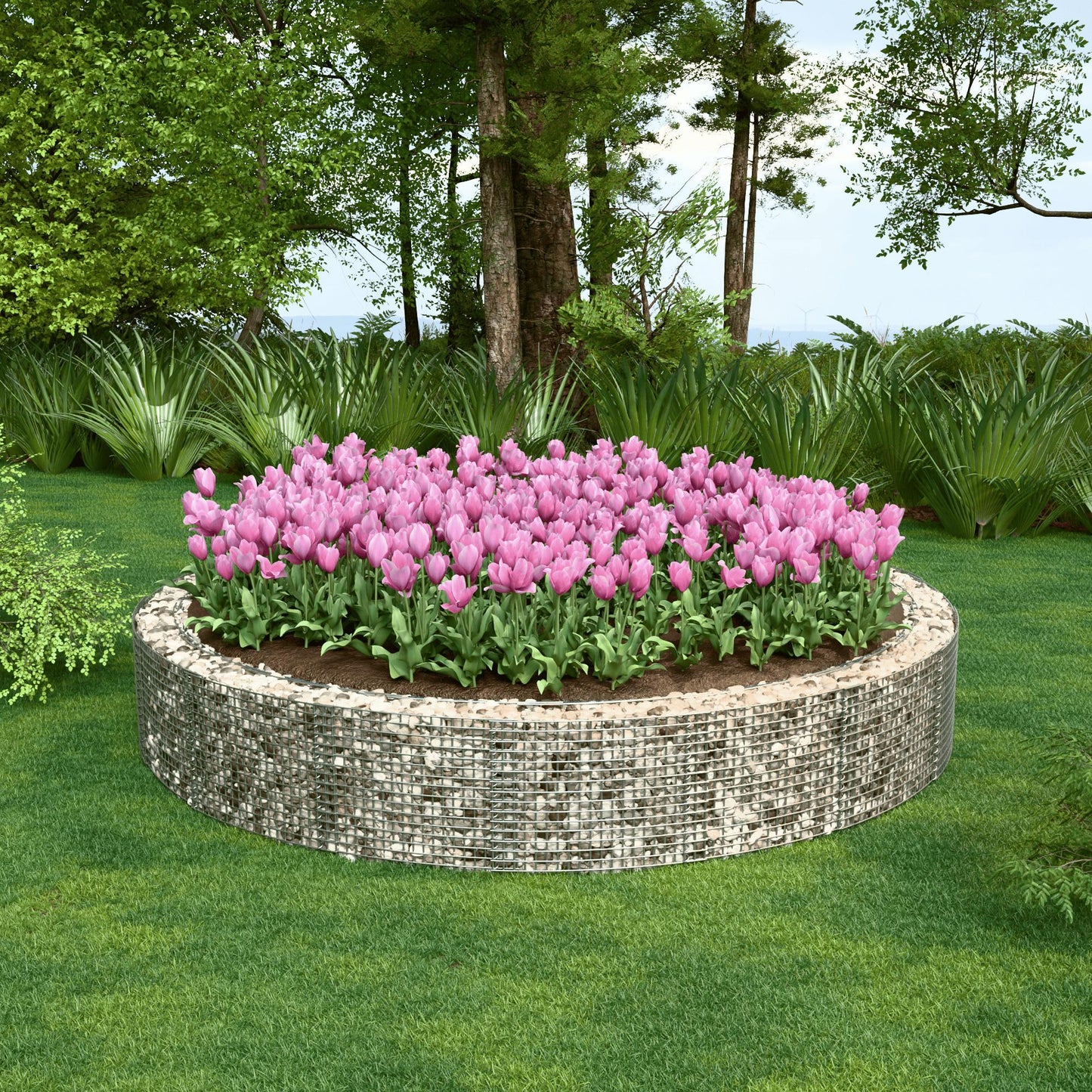 Lit surélevé rond, diamètre extérieur 202 cm, hauteur 50 cm, mailles 5 x 5 cm, épaisseur des parois 15 cm