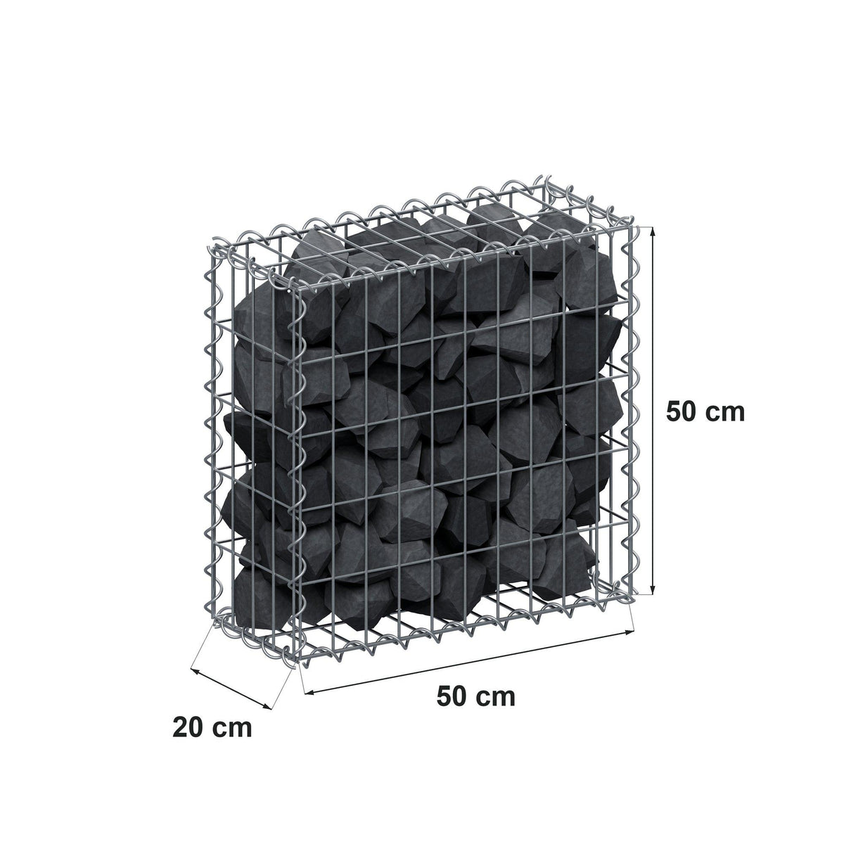 Gabião 50 cm x 50 cm x 20 cm (C x A x P), malhagem 5 cm x 10 cm, espiral