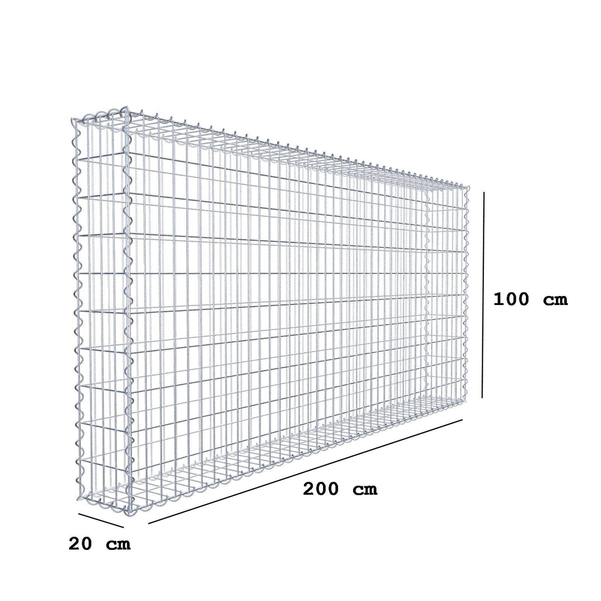 Gabião 200 cm x 100 cm x 20 cm (C x A x P), malhagem 5 cm x 10 cm, espiral