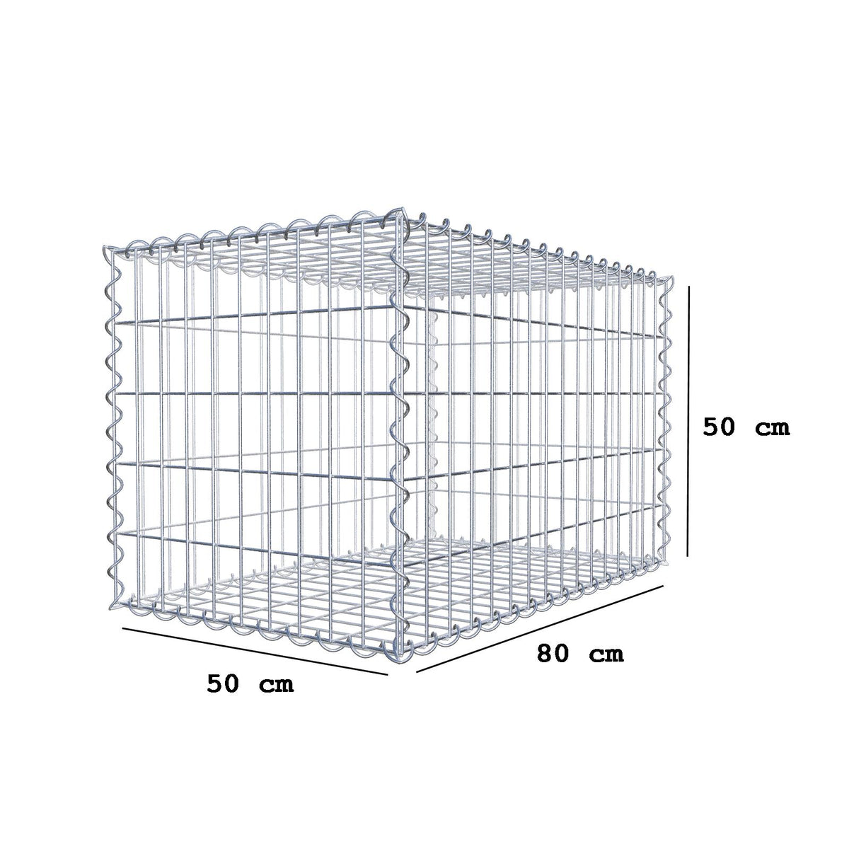 Gabião 80 cm x 50 cm x 50 cm (C x A x P), malhagem 5 cm x 10 cm, espiral