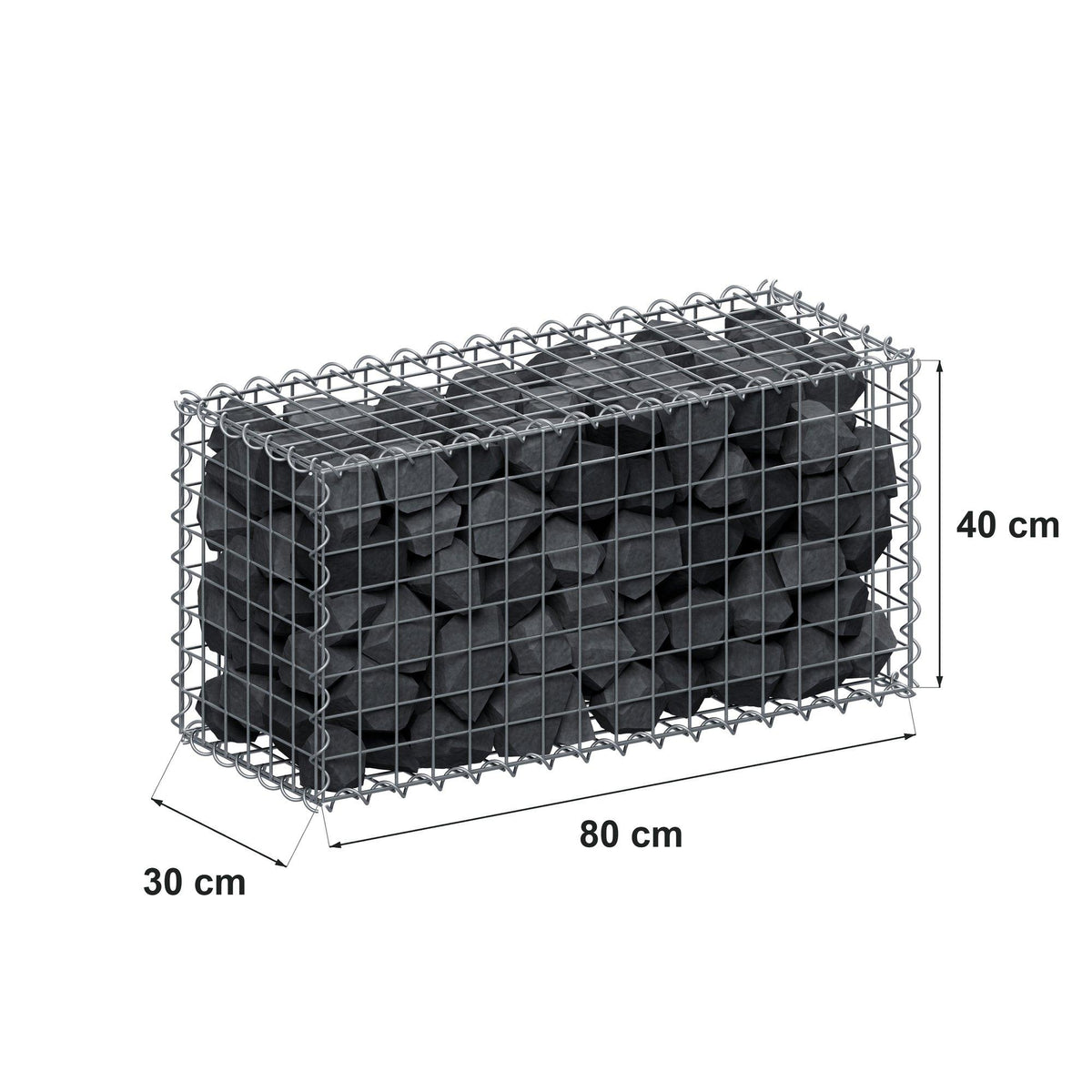Gabião 80 cm x 40 cm x 30 cm (C x A x P), malhagem 5 cm x 5 cm, espiral