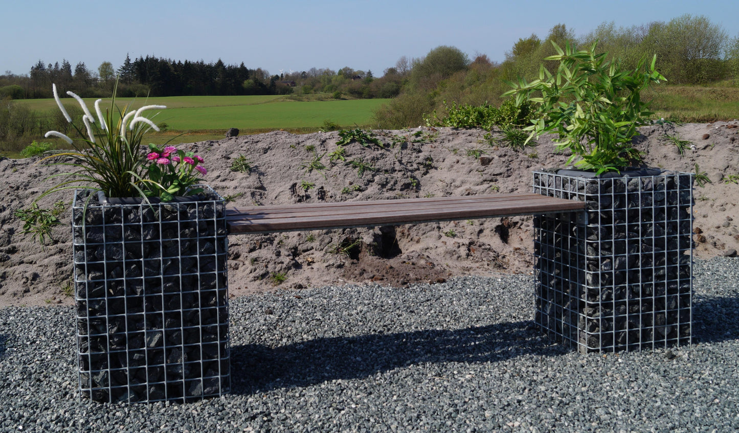 Garden bench with 2 flower columns - Cumaru wood, 200 cm long x 62 cm high x 37 cm deep, hot-dip galvanized, MW 5 x 5 cm