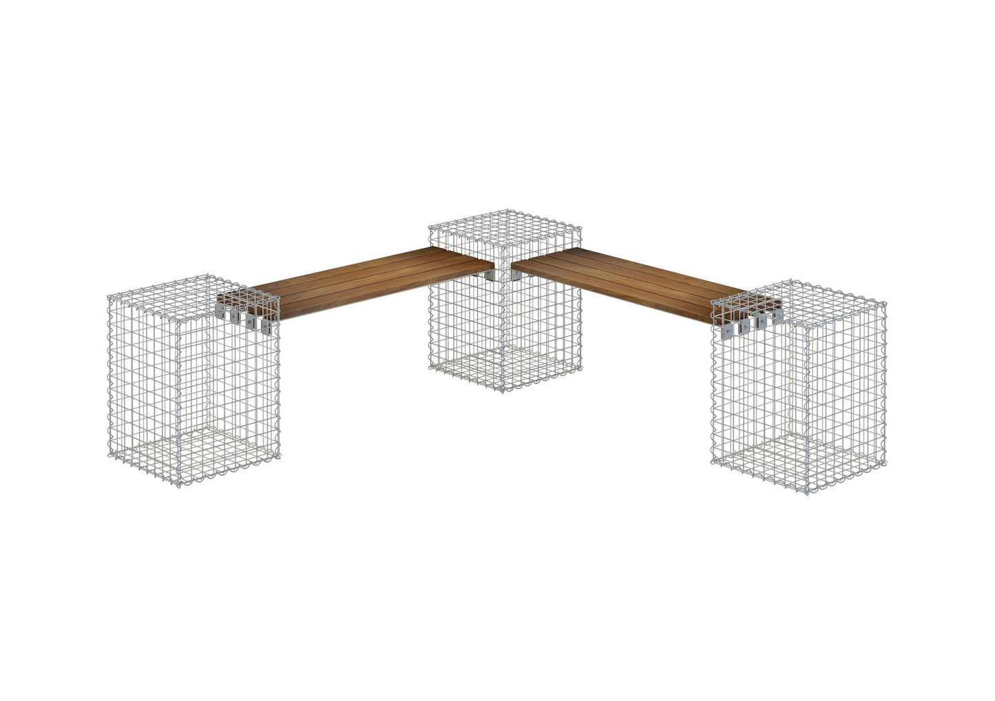 Garden bench with 3 gabions - teak, 205 cm long x 60 cm high x 37 cm deep, galvanized, MW 5 x 5 cm