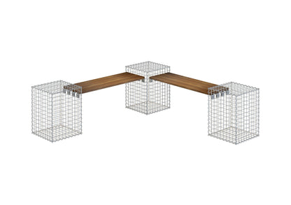Garden bench with 3 gabions - teak, 205 cm long x 60 cm high x 37 cm deep, galvanized, MW 5 x 5 cm