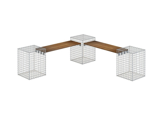 Garden bench with 3 gabions - teak, 205 cm long x 60 cm high x 37 cm deep, galvanized, MW 5 x 5 cm