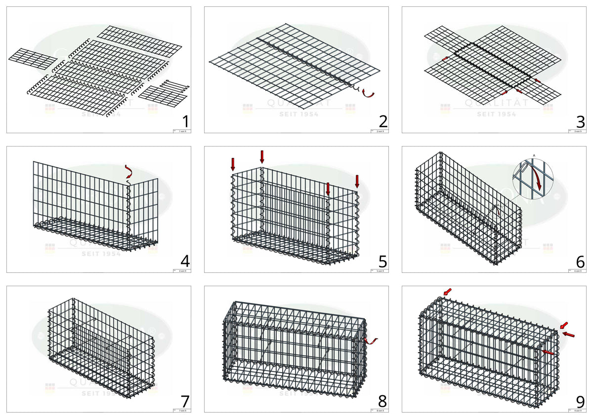 Schanskorf 100 cm x 40 cm x 50 cm (L x H x D), maaswijdte 5 cm x 10 cm, spiraalvormig