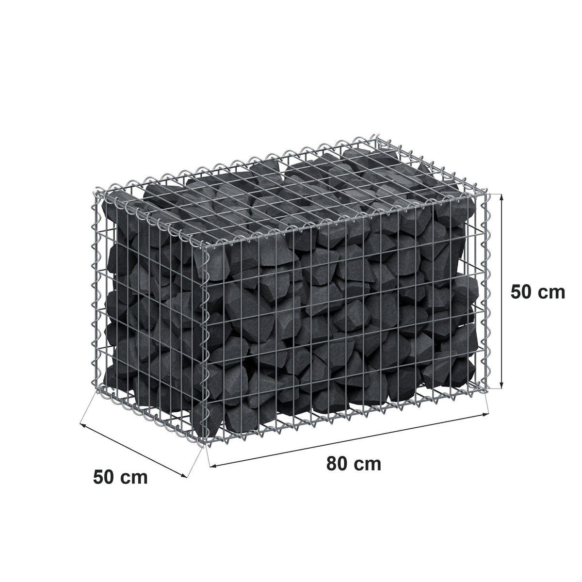 Gabião 80 cm x 50 cm x 50 cm (C x A x P), malhagem 5 cm x 10 cm, espiral