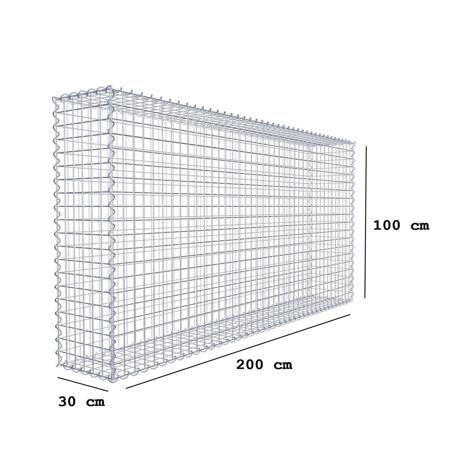 Gabião 200 cm x 100 cm x 30 cm (C x A x P), malhagem 5 cm x 5 cm, espiral