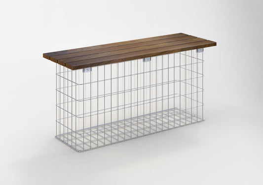 Gabion bench made of Cumaru wood, 115 cm long x 50 cm high x 42 cm deep, hot-dip galvanized, MW 5 x 10 cm