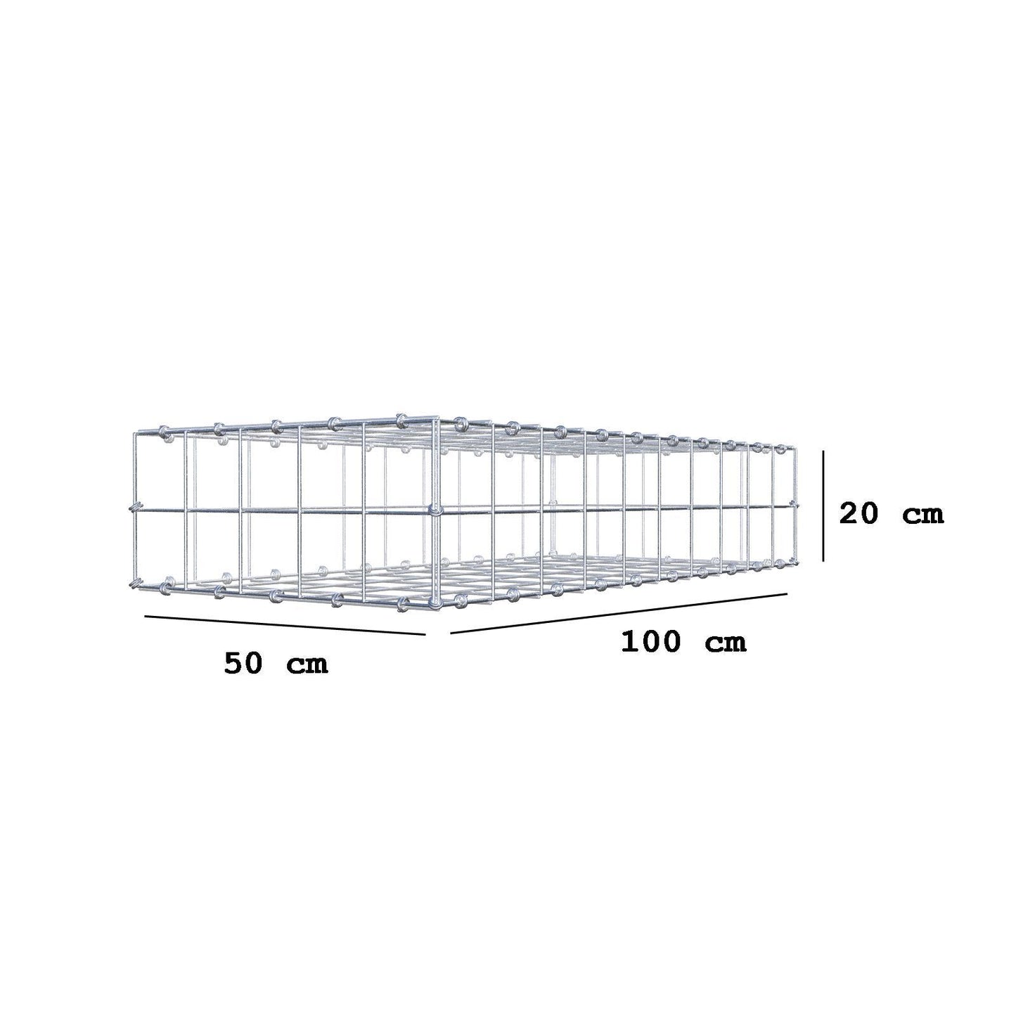 Gabion 100 cm x 20 cm x 50 cm (L x H x D), maskestørrelse 10 x 10 cm, spiralring