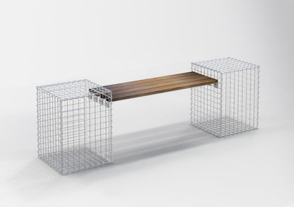 Banco de jardim com 2 gabiões - madeira de Cumaru, 200 cm de comprimento x 60 cm de altura x 37 cm de profundidade, galvanizado, MW 5 x 5 cm