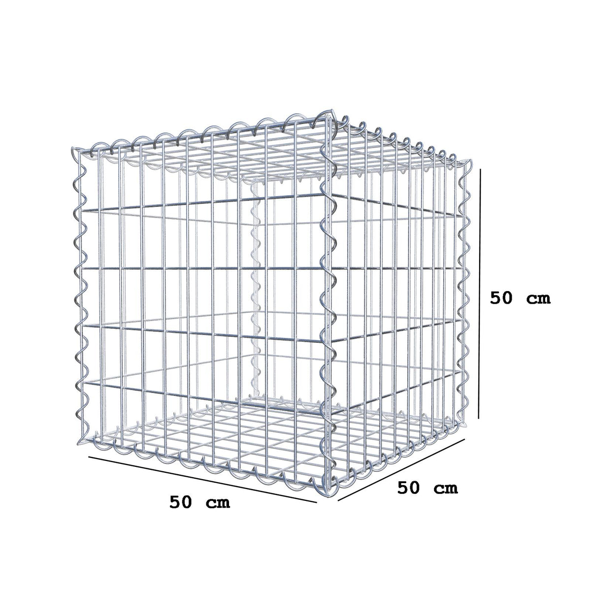 Gabião 50 cm x 50 cm x 50 cm (C x A x P), malhagem 5 cm x 10 cm, espiral