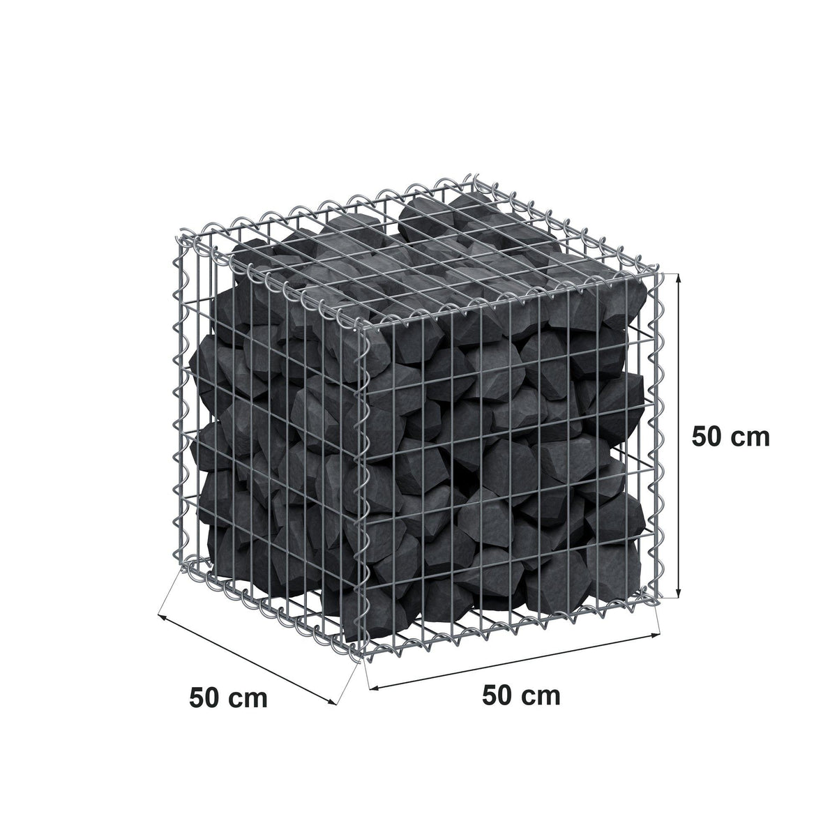 Gabião 50 cm x 50 cm x 50 cm (C x A x P), malhagem 5 cm x 10 cm, espiral