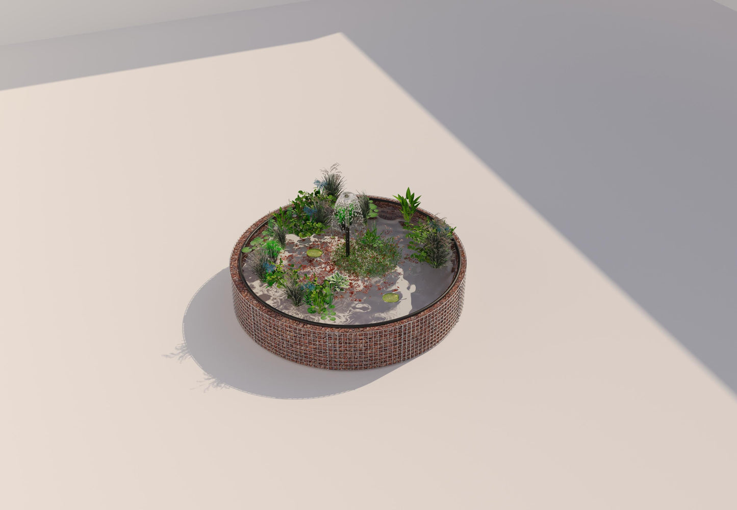 Gabião para lago elevado redondo, diâmetro exterior 262 cm, altura 50 cm, dimensão da malha 5 x 5 cm, espessura da parede 15 cm