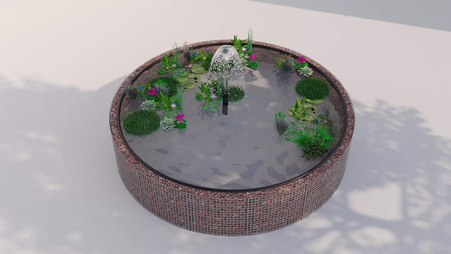 Laghetto rialzato in gabbioni, rotondo, diametro esterno 202 cm, altezza 80 cm, maglia 5 x 5 cm, spessore parete 15 cm