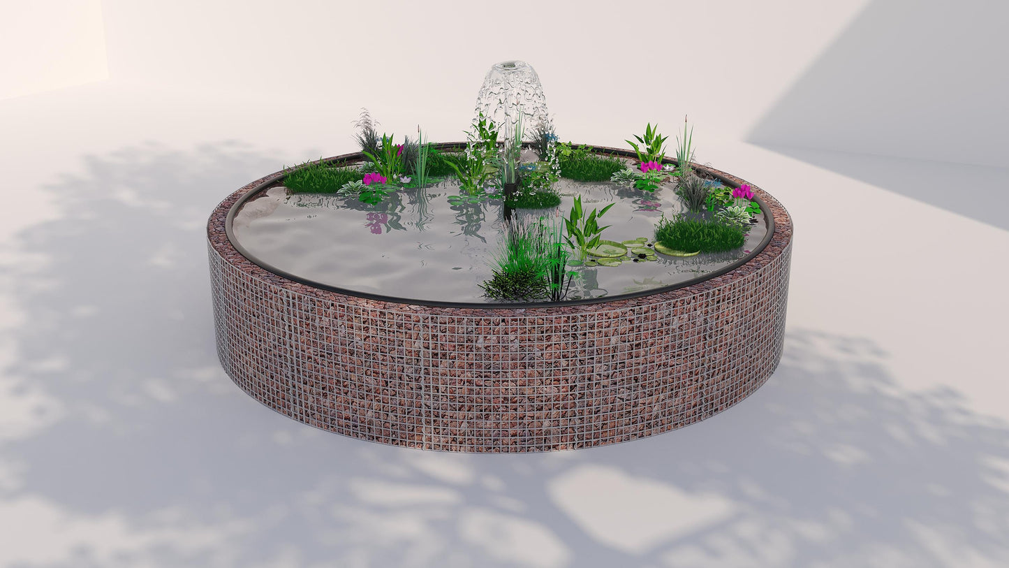 Laghetto rialzato in gabbioni, rotondo, diametro esterno 202 cm, altezza 80 cm, maglia 5 x 5 cm, spessore parete 15 cm